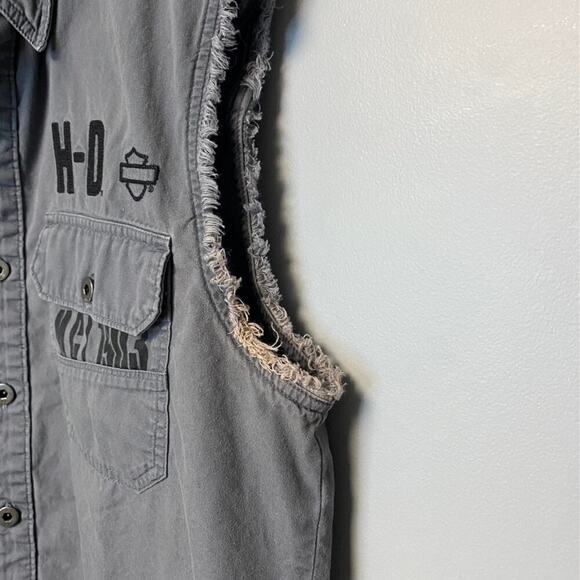 Harley-Davidson Mens Grey Blowout Sleeveless Button-Up Shirt Sz. M - Picture 3 of 8